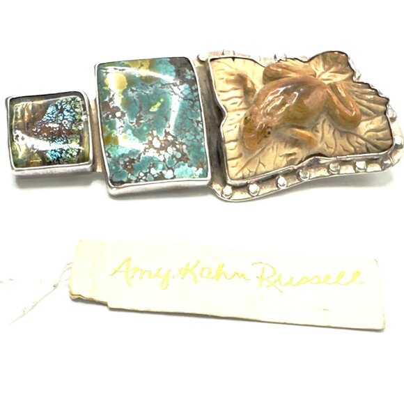 Vintage Amy Kahn Russell Carved Frog Brooch-Pendant Combo w/Turquoise & Glass - Picture 14 of 15